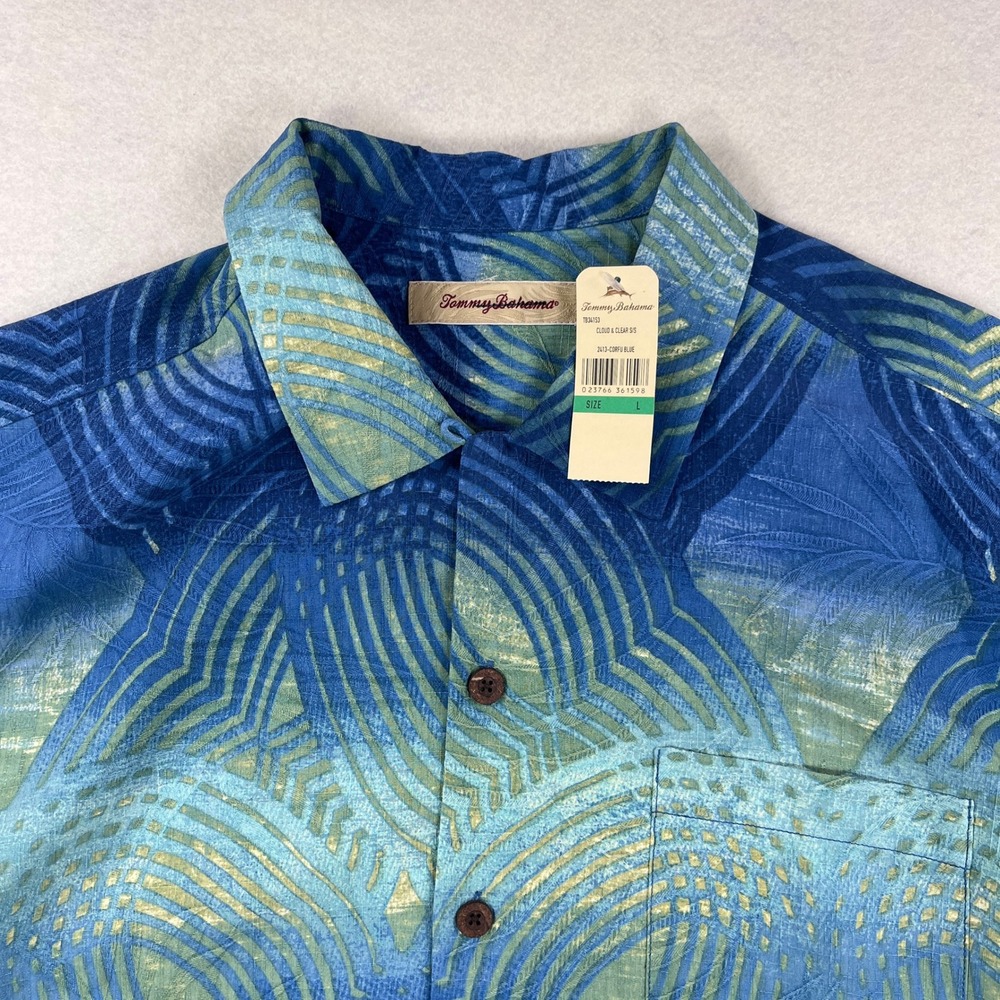 NEW! Tommy Bahama Cloud & Clear Blue Silk Abstract Palm Print Shirt Mens L NWT - Picture 2 of 8